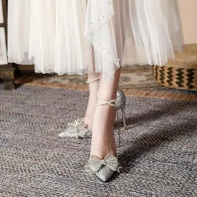 Eleganti décolleté con tacco alto argento da donna Cinturini alla caviglia autunnali Scarpe da festa Scarpe da sposa con papillo