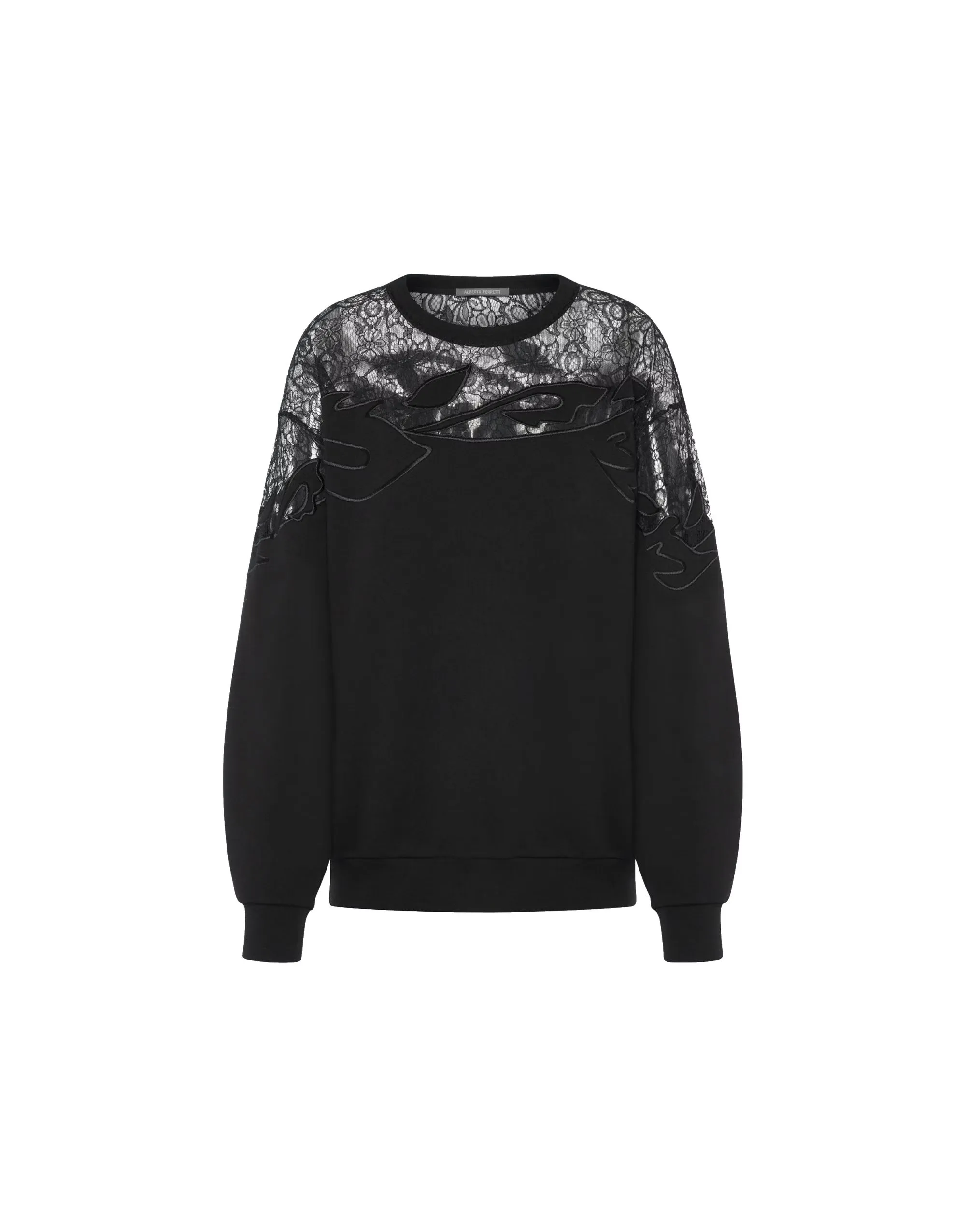 FELPA NERA IN COTONE CON PIZZO