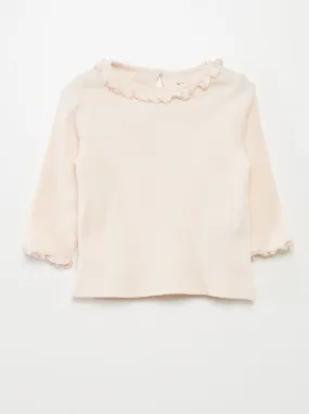 T-shirt in maglia a coste con collo con volant - ROSA